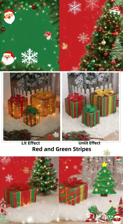 Lighted Christmas Gift Box Set – Warm LED, Snowy Bows, Battery, Indoor/Outdoor