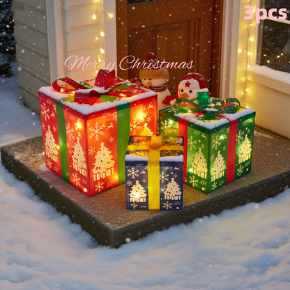 Lighted Christmas Gift Box Set – Warm LED, Snowy Bows, Battery, Indoor/Outdoor