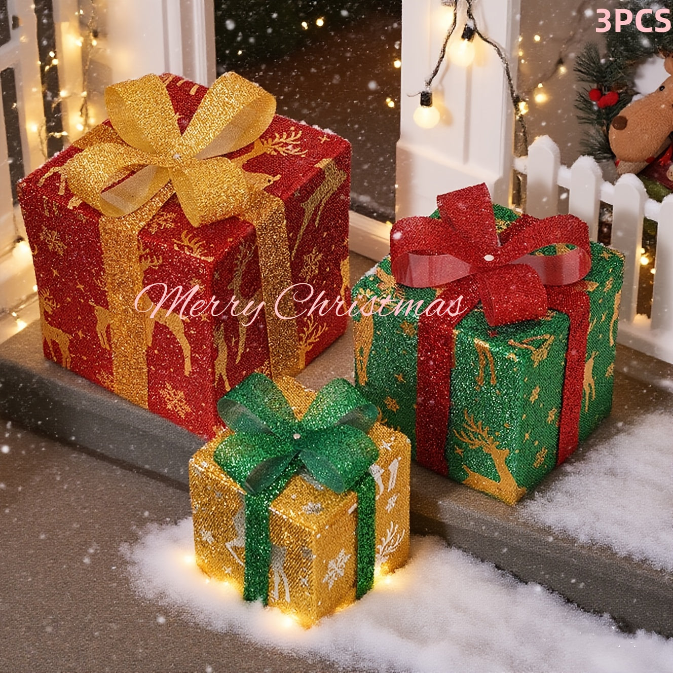 Lighted Christmas Gift Box Set – Warm LED, Snowy Bows, Battery, Indoor/Outdoor