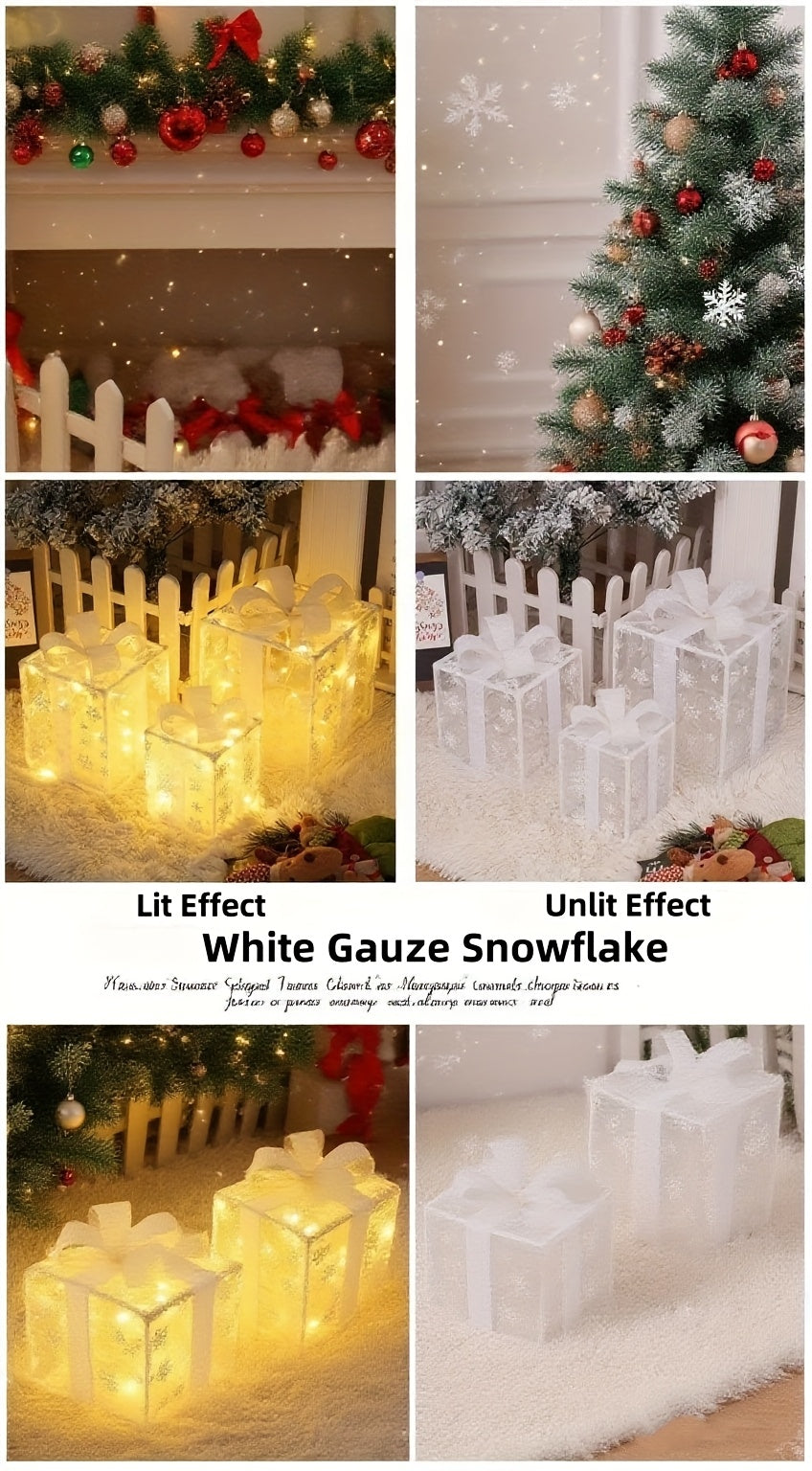 Lighted Christmas Gift Box Set – Warm LED, Snowy Bows, Battery, Indoor/Outdoor