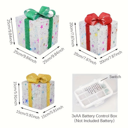 Lighted Christmas Gift Box Set – Warm LED, Snowy Bows, Battery, Indoor/Outdoor