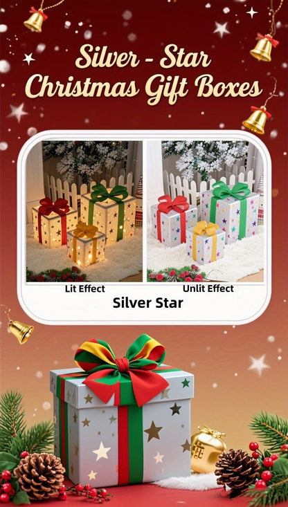 Lighted Christmas Gift Box Set – Warm LED, Snowy Bows, Battery, Indoor/Outdoor