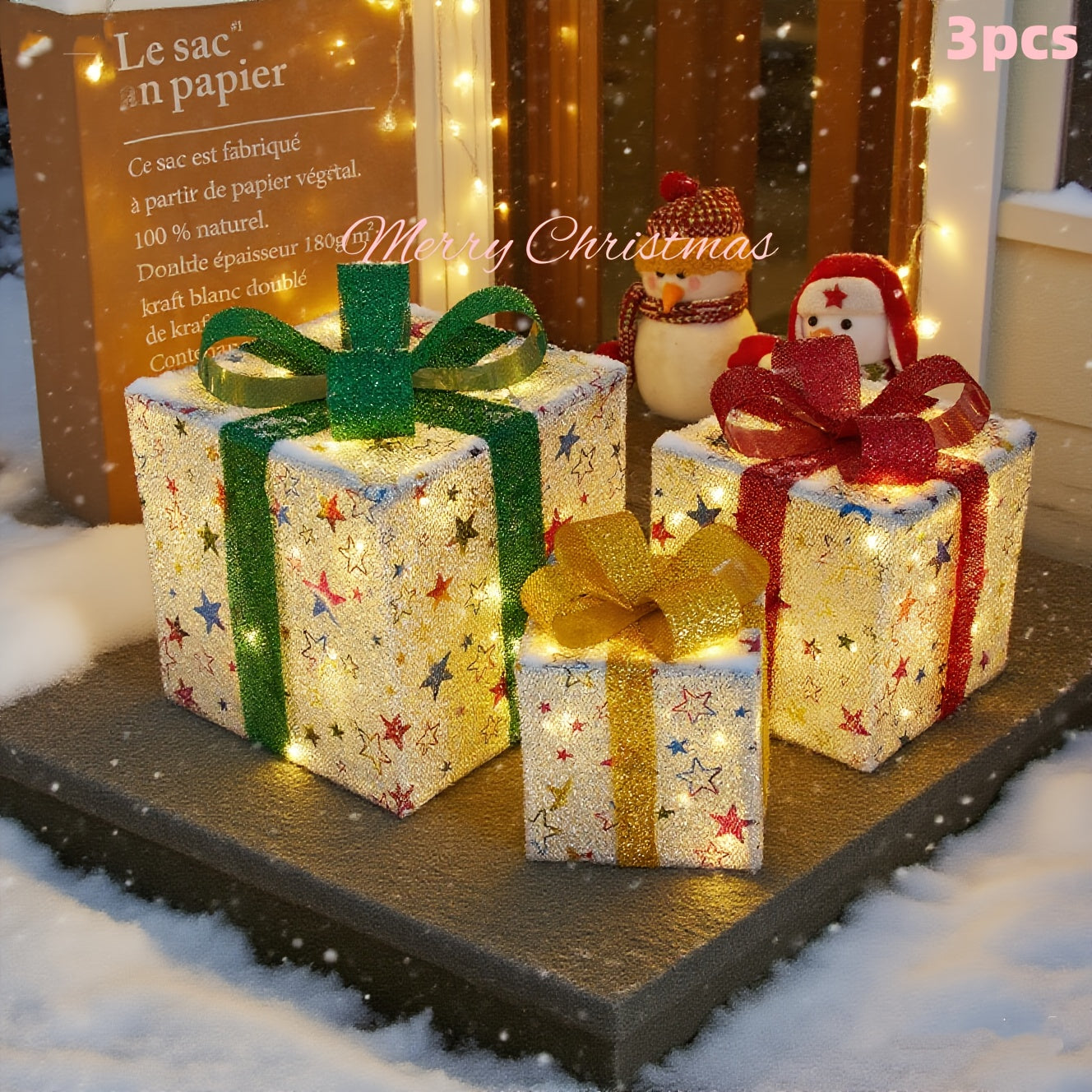 Lighted Christmas Gift Box Set – Warm LED, Snowy Bows, Battery, Indoor/Outdoor