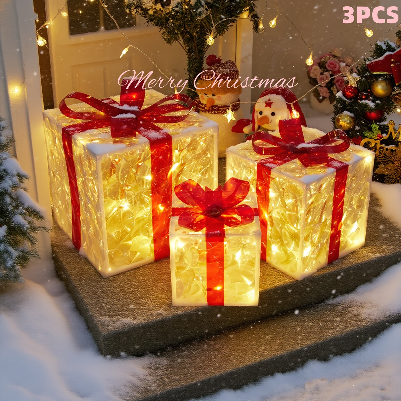 Lighted Christmas Gift Box Set – Warm LED, Snowy Bows, Battery, Indoor/Outdoor