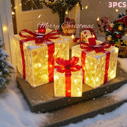 Lighted Christmas Gift Box Set – Warm LED, Snowy Bows, Battery, Indoor/Outdoor
