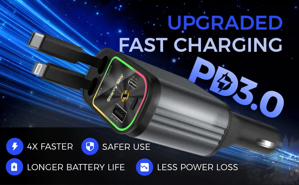 4-in-1 Retractable Car Charger with Starry Sky Light