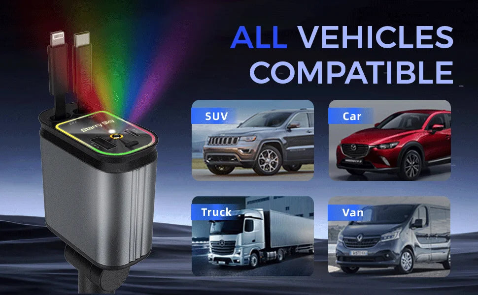 4-in-1 Retractable Car Charger with Starry Sky Light