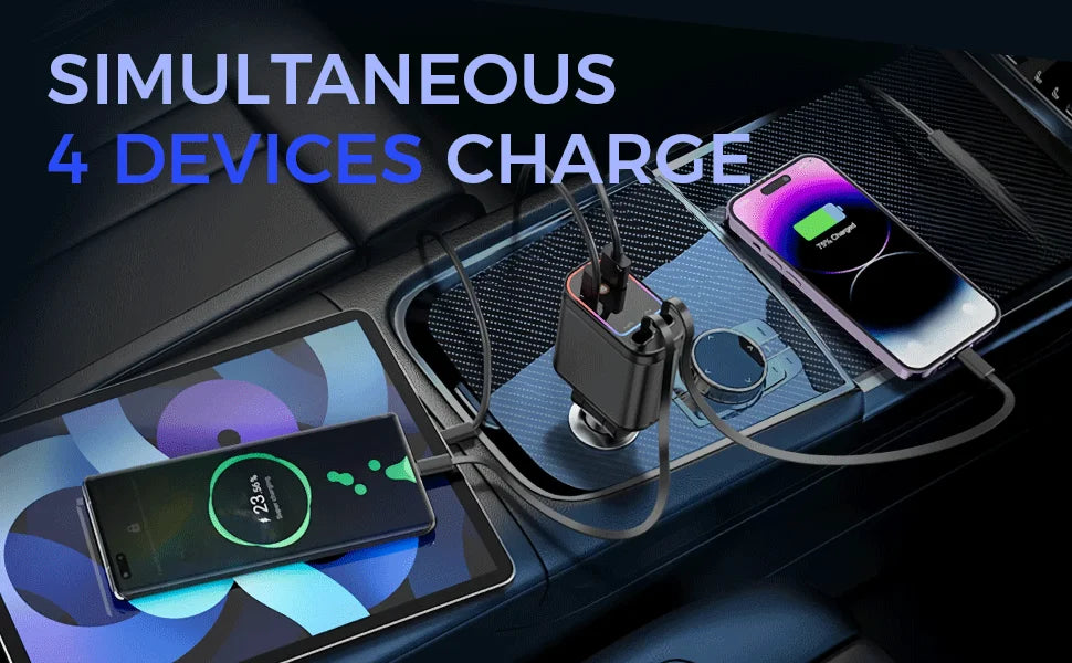 4-in-1 Retractable Car Charger with Starry Sky Light