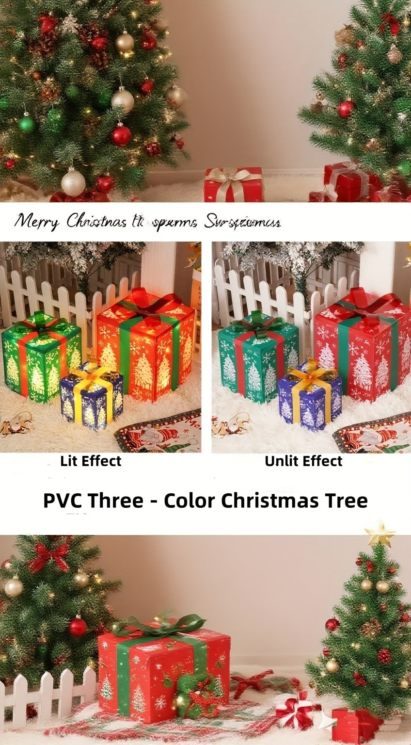 Lighted Christmas Gift Box Set – Warm LED, Snowy Bows, Battery, Indoor/Outdoor