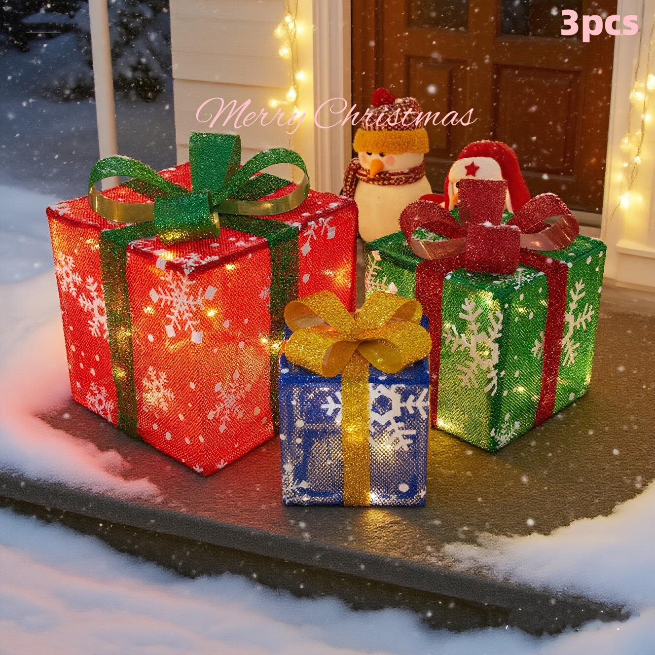 Lighted Christmas Gift Box Set – Warm LED, Snowy Bows, Battery, Indoor/Outdoor