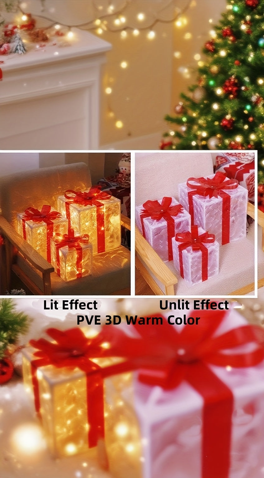 Lighted Christmas Gift Box Set – Warm LED, Snowy Bows, Battery, Indoor/Outdoor