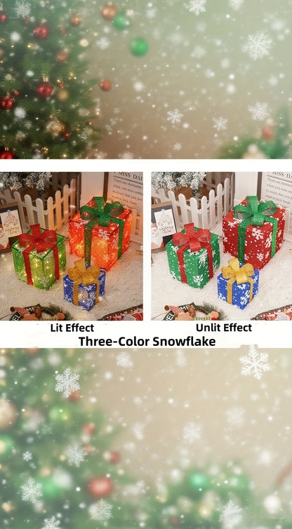 Lighted Christmas Gift Box Set – Warm LED, Snowy Bows, Battery, Indoor/Outdoor
