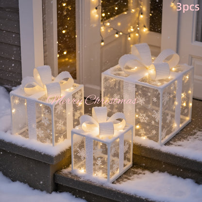 Lighted Christmas Gift Box Set – Warm LED, Snowy Bows, Battery, Indoor/Outdoor